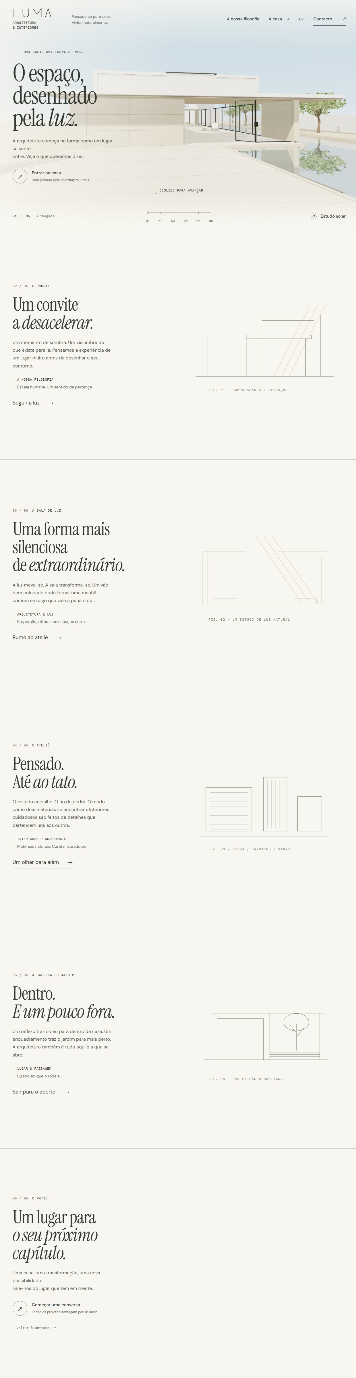 LUMIA · página completa do site de arquitetura com casa 3D interativa