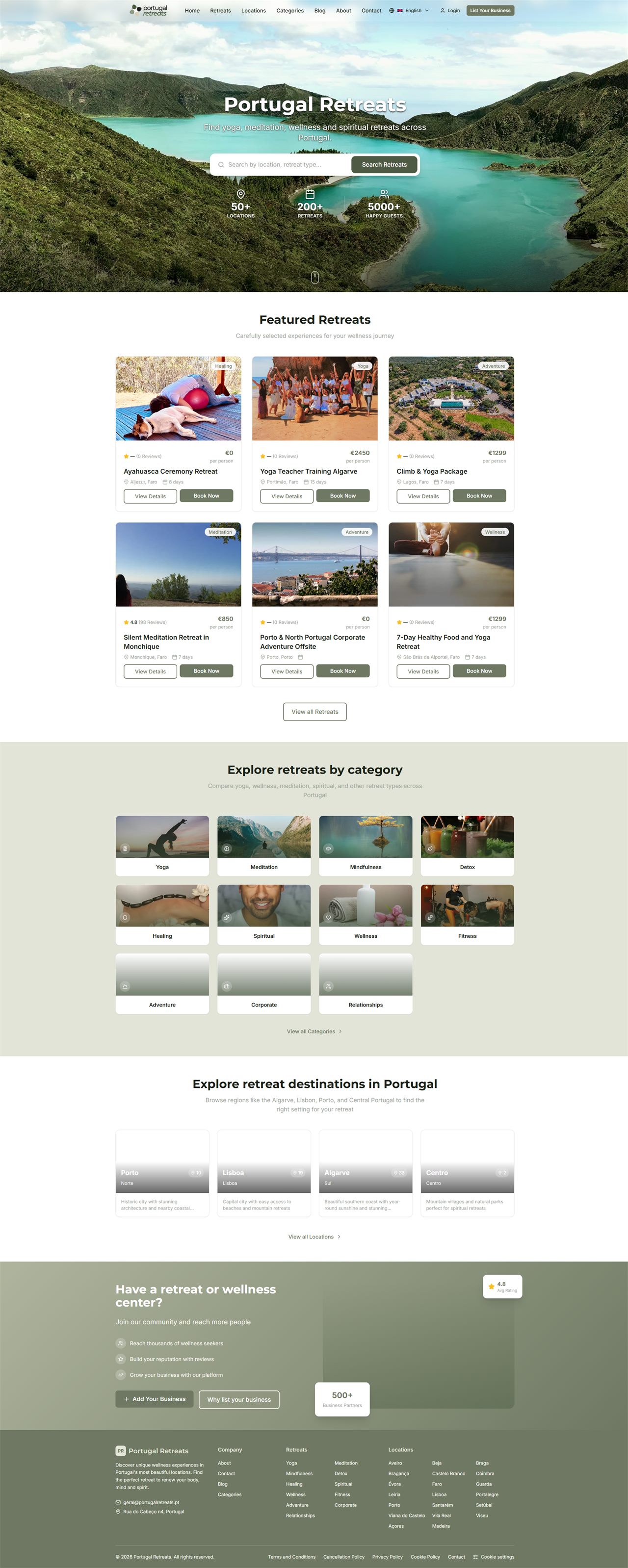 Portugal Retreats · página completa do site