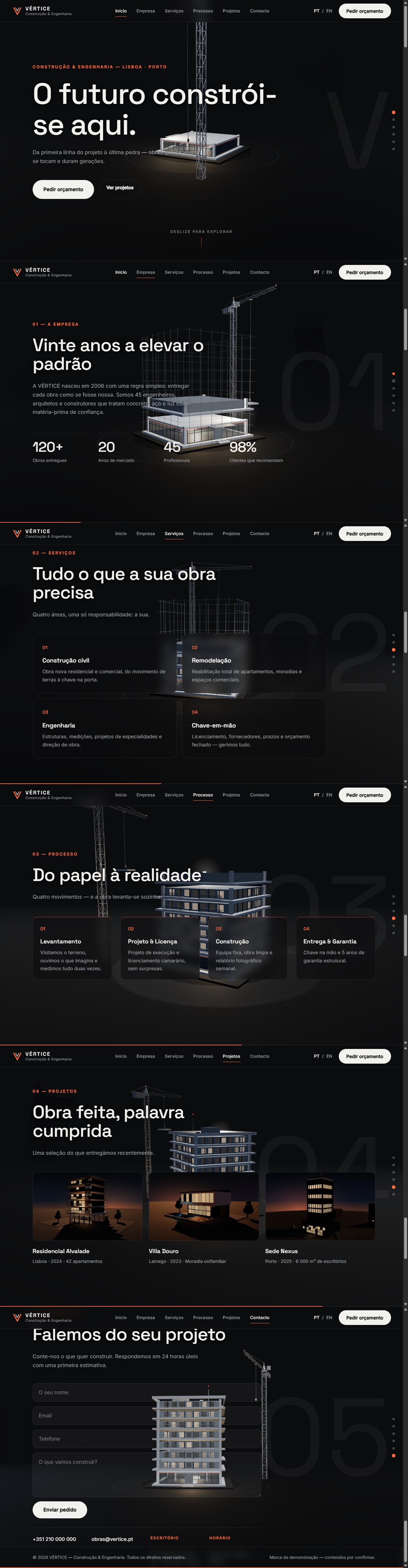 VÉRTICE · página completa do site de construção e engenharia com estaleiro 3D interativo