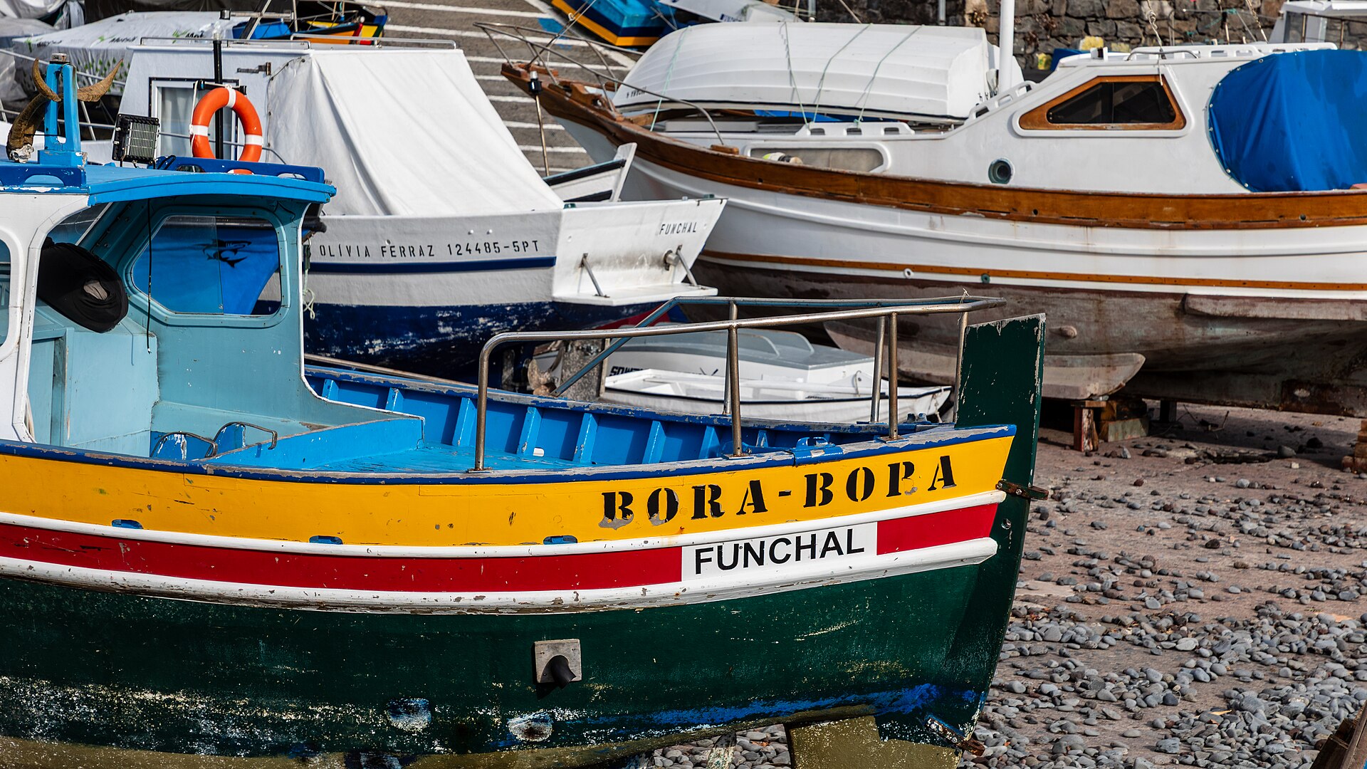 Brightly coloured Madeiran fishing boats moored stern to on the harbour slip