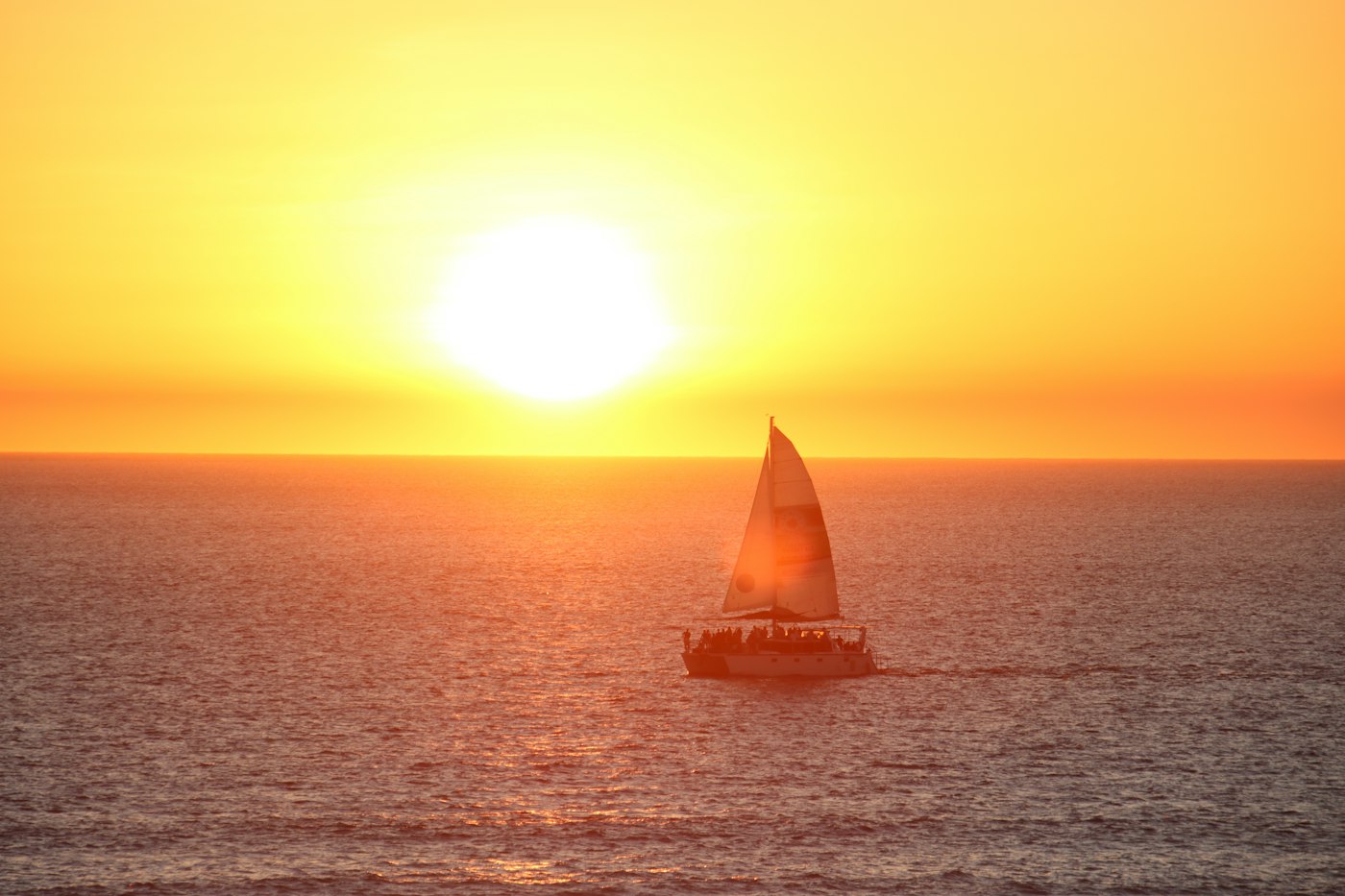 Guests aboard a sailing catamaran gliding under a glowing sunset